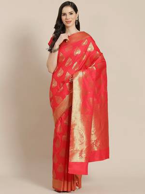 Red Kanjivaram semi silk saree with unstitched blouse 1