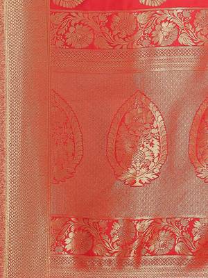 Red Kanjivaram semi silk saree with unstitched blouse 4