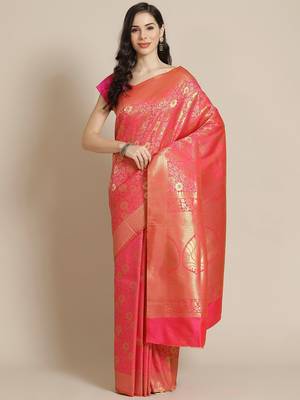 Pink Kanjivaram semi silk saree with unstitched blouse 1