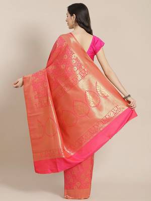 Pink Kanjivaram semi silk saree with unstitched blouse 2