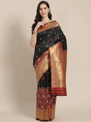 black Kanjivaram semi silk saree with unstitched blouse 1