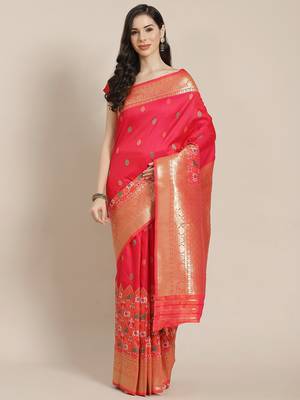 Pink Kanjivaram semi silk saree with unstitched blouse 1