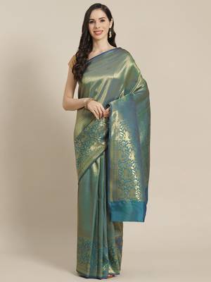 Turquoise blue Kanjivaram semi silk saree with unstitched blouse 1