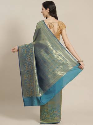 Turquoise blue Kanjivaram semi silk saree with unstitched blouse 2
