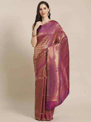 Violet Kanjivaram semi silk saree with unstitched blouse 1