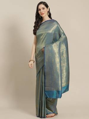 Turquoise blue Kanjivaram semi silk saree with unstitched blouse 1