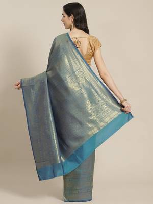 Turquoise blue Kanjivaram semi silk saree with unstitched blouse 2