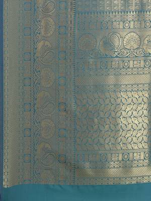 Turquoise blue Kanjivaram semi silk saree with unstitched blouse 4