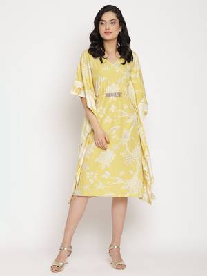 Ahalyaa Women Lime Green & Off White Floral Printed Flared Sleeves Floral Kaftan Kurta 1