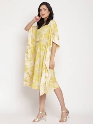 Ahalyaa Women Lime Green & Off White Floral Printed Flared Sleeves Floral Kaftan Kurta 3