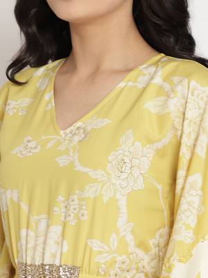 Ahalyaa Women Lime Green & Off White Floral Printed Flared Sleeves Floral Kaftan Kurta 5
