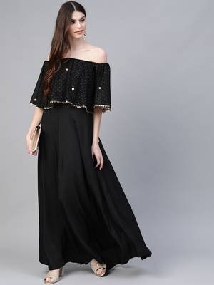 Ahalyaa Women Black & Golden Foil Printed Detail Off-Shoulder Layered Maxi Dress 1