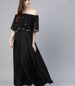Ahalyaa Women Black & Golden Foil Printed Detail Off-Shoulder Layered Maxi Dress