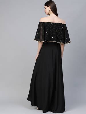 Ahalyaa Women Black & Golden Foil Printed Detail Off-Shoulder Layered Maxi Dress 2