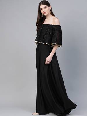 Ahalyaa Women Black & Golden Foil Printed Detail Off-Shoulder Layered Maxi Dress 3