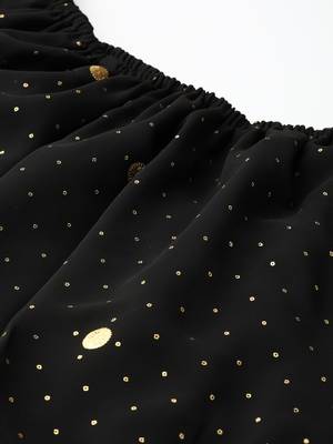 Ahalyaa Women Black & Golden Foil Printed Detail Off-Shoulder Layered Maxi Dress 4