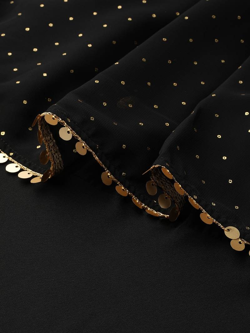 Ahalyaa Women Black & Golden Foil Printed Detail Off-Shoulder Layered Maxi Dress