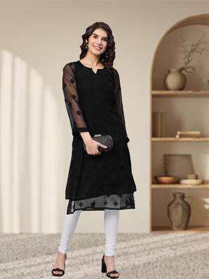 Hand Embroidered Black Georgette Lucknowi Chikankari Kurta With Slip 1