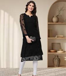Hand Embroidered Black Georgette Lucknowi Chikankari Kurta With Slip