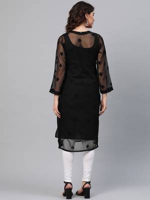 Hand Embroidered Black Georgette Lucknowi Chikankari Kurta With Slip 2