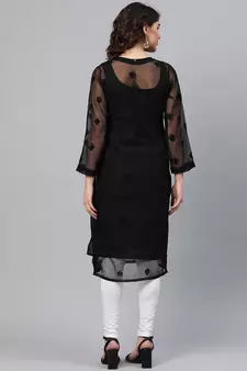 Hand Embroidered Black Georgette Lucknowi Chikankari Kurta With Slip