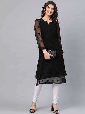 Hand Embroidered Black Georgette Lucknowi Chikankari Kurta With Slip 3