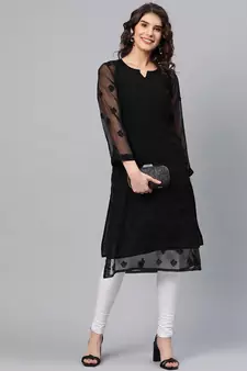 Hand Embroidered Black Georgette Lucknowi Chikankari Kurta With Slip