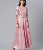 Ahalyaa Women Pink Floral Printed Art Silk Anarkali Kurta