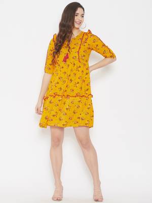 Yellow printed rayon long-dresses 1