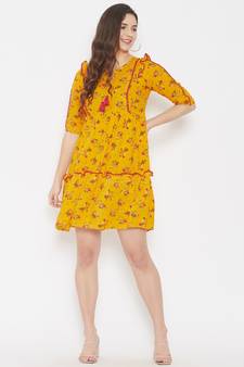 Yellow printed rayon long-dresses