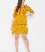 Yellow printed rayon long-dresses