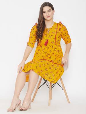 Yellow printed rayon long-dresses 2