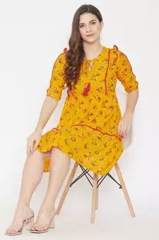 Yellow printed rayon long-dresses