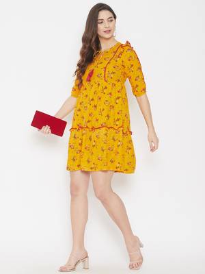 Yellow printed rayon long-dresses 3