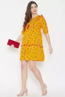 Yellow printed rayon long-dresses