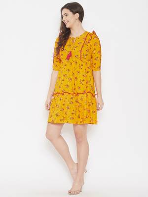Yellow printed rayon long-dresses 4