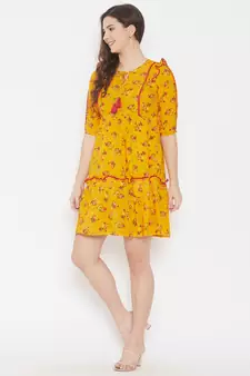 Yellow printed rayon long-dresses