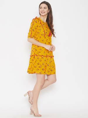 Yellow printed rayon long-dresses 5