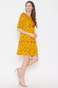 Yellow printed rayon long-dresses