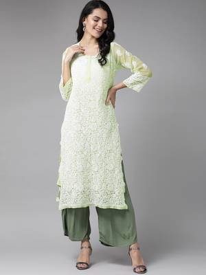 Ada Hand Embroidered Green Georgette Lucknow Chikankari Kurta With Slip - A158874 1