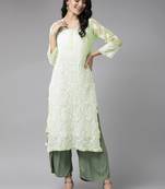 Ada Hand Embroidered Green Georgette Lucknow Chikankari Kurta With Slip - A158874