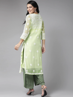 Ada Hand Embroidered Green Georgette Lucknow Chikankari Kurta With Slip - A158874 2