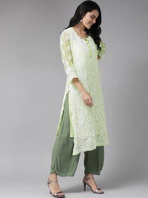 Ada Hand Embroidered Green Georgette Lucknow Chikankari Kurta With Slip - A158874 3