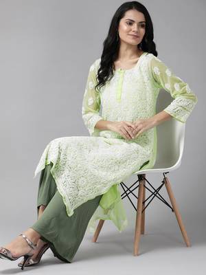 Ada Hand Embroidered Green Georgette Lucknow Chikankari Kurta With Slip - A158874 4