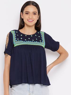 Navy blue embroidered viscose rayon party-tops 1