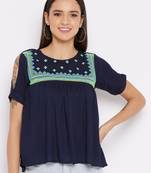 Navy blue embroidered viscose rayon party-tops