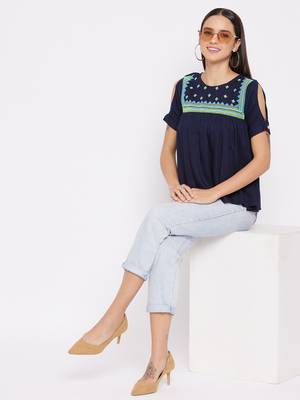 Navy blue embroidered viscose rayon party-tops 2