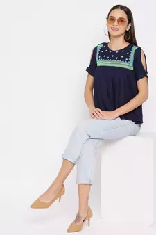 Navy blue embroidered viscose rayon party-tops
