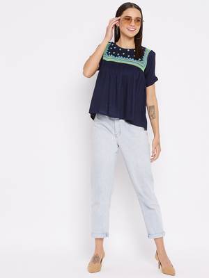 Navy blue embroidered viscose rayon party-tops 3