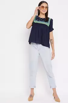 Navy blue embroidered viscose rayon party-tops